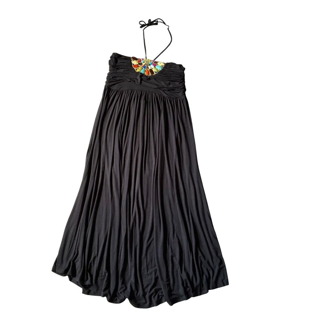 DG2 Black Halter Maxi Dress XL Beaded Embellished Ruched Jersey Resort Wear